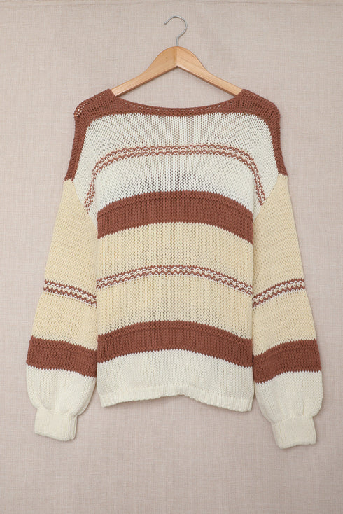 V-Neck Knitted Lantern Sleeve Pullover Sweater